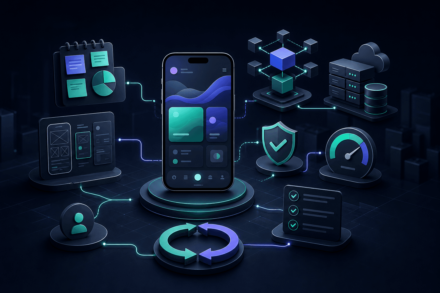 Mobil uygulama geliştirme sürecindeki strateji, UX, mimari, backend, güvenlik, performans ve test aşamalarını gösteren illüstrasyon.
