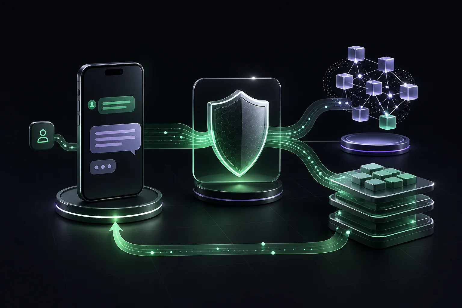 A technical illustration showing a mobile app connecting to an AI model and business data through a secure backend.